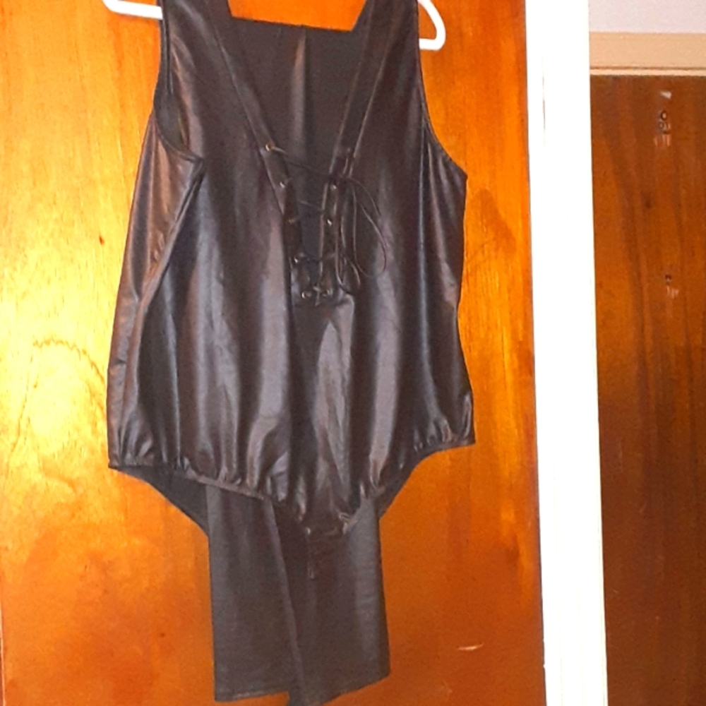 Black faux leather bodysuit and matching faux leather pants